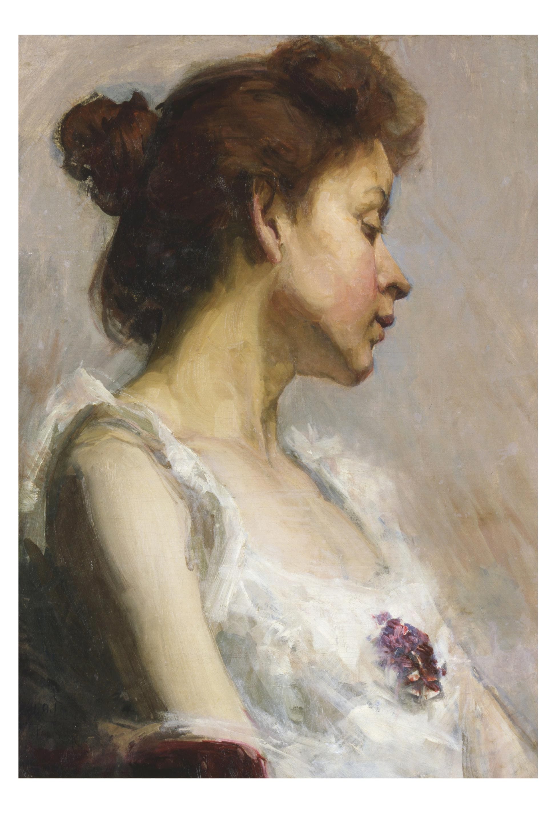 Woman in white dress, profile portrait.