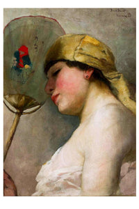 Woman with a yellow scarf and a fan.