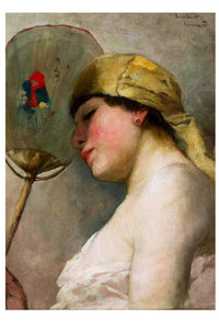Woman with a yellow scarf and a fan.