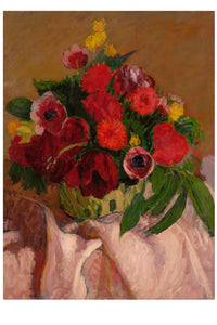 Painting of a bouquet of red flowers in a green vase.