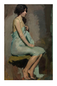 Woman in light blue dress seated on a stool.