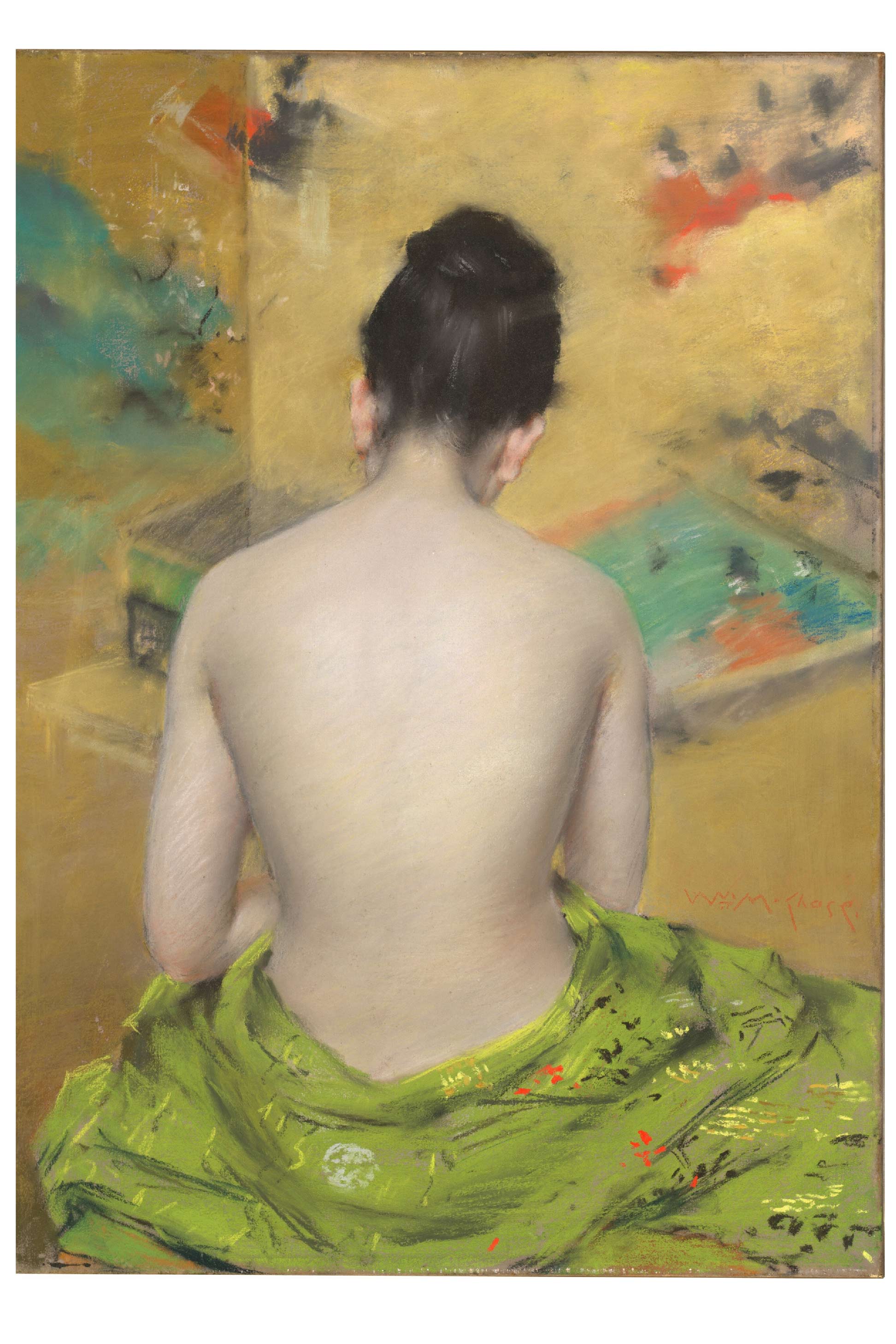 Woman with bare back, seated, facing away, with green fabric.