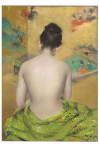 Woman with bare back, seated, facing away, with green fabric.