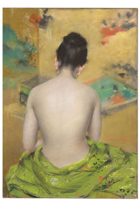 Woman with bare back, seated, facing away, with green fabric.