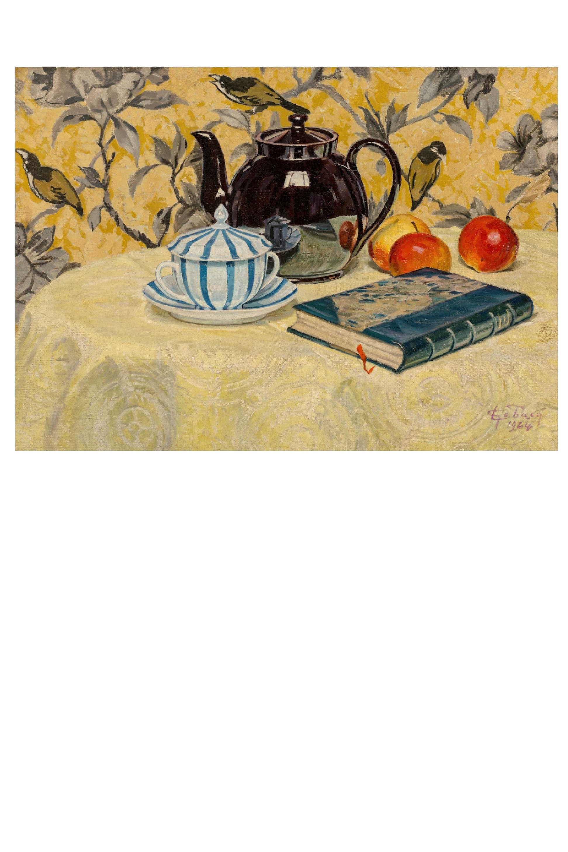 Still life painting of teapot, cup, book, and fruit on a table.