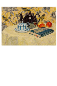 Still life painting of teapot, cup, book, and fruit on a table.