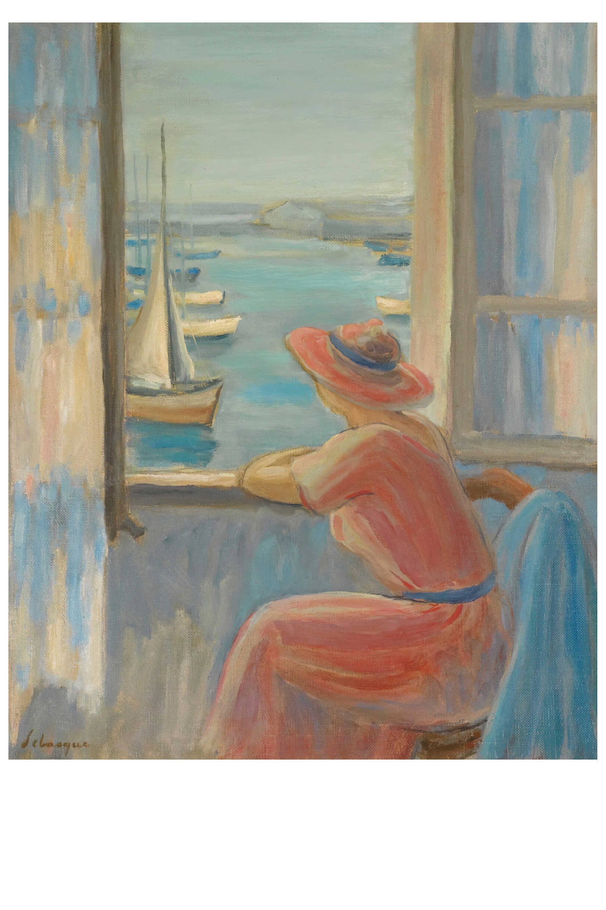 Woman in pink dress looking out a window at a harbor.