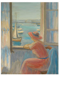 Woman in pink dress looking out a window at a harbor.