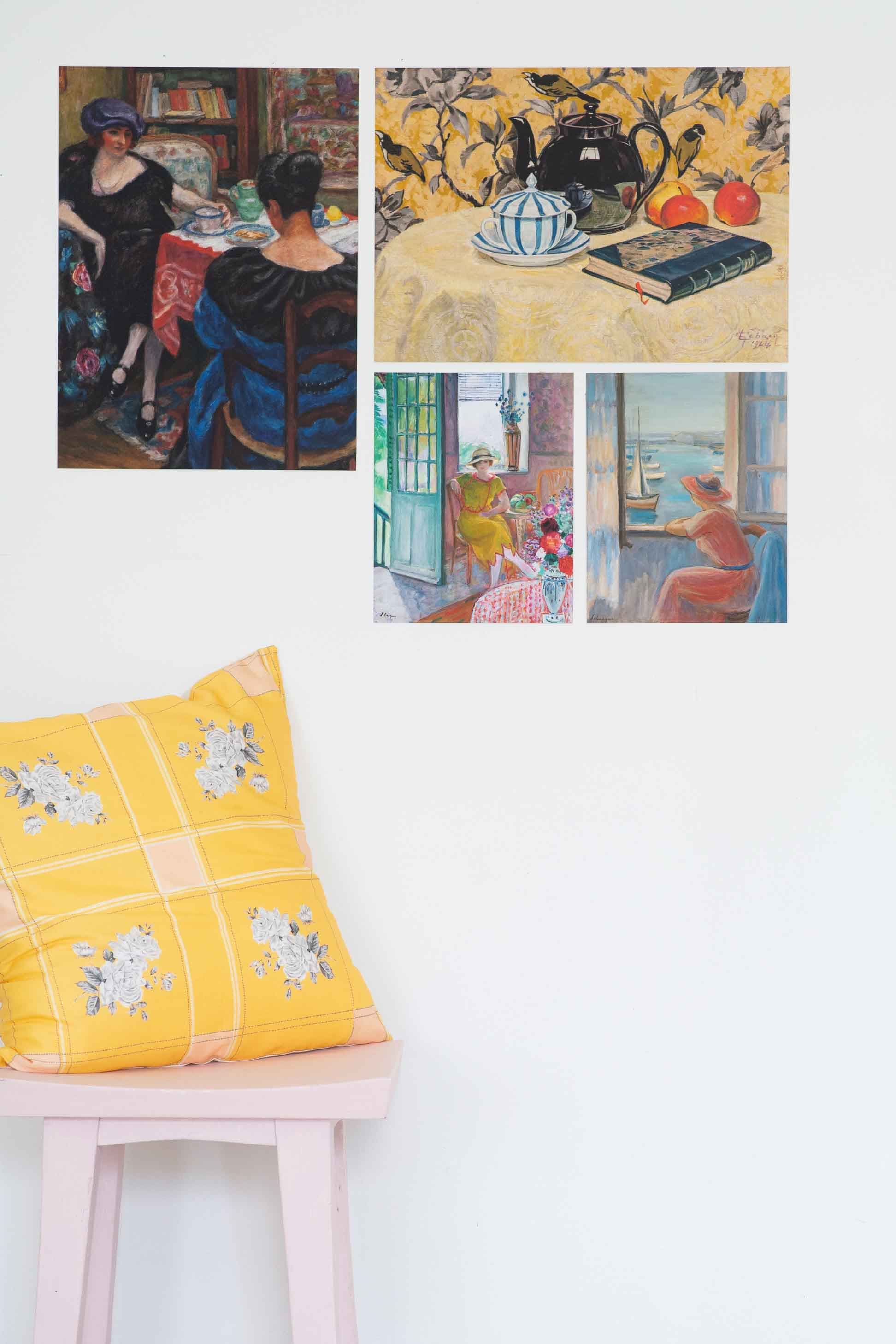 Afternoon art prints with yellow cushion and pink stool