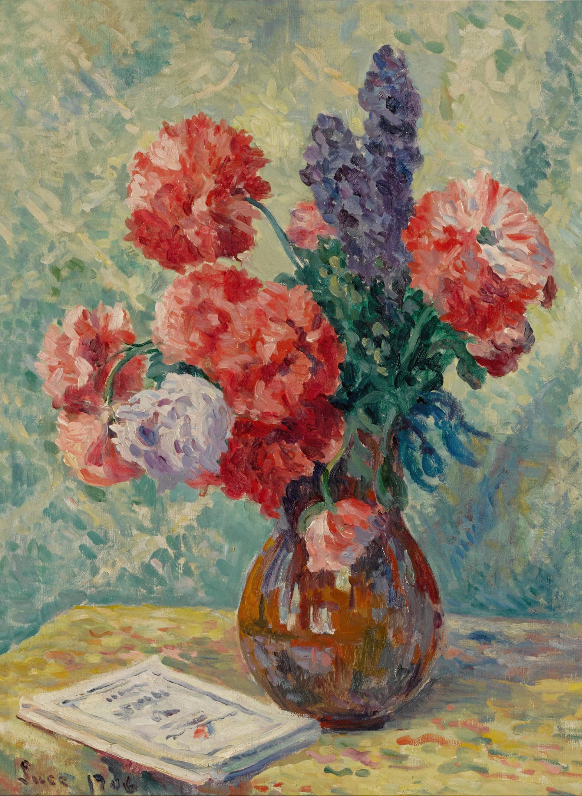 Still life painting of flowers in vase and book.