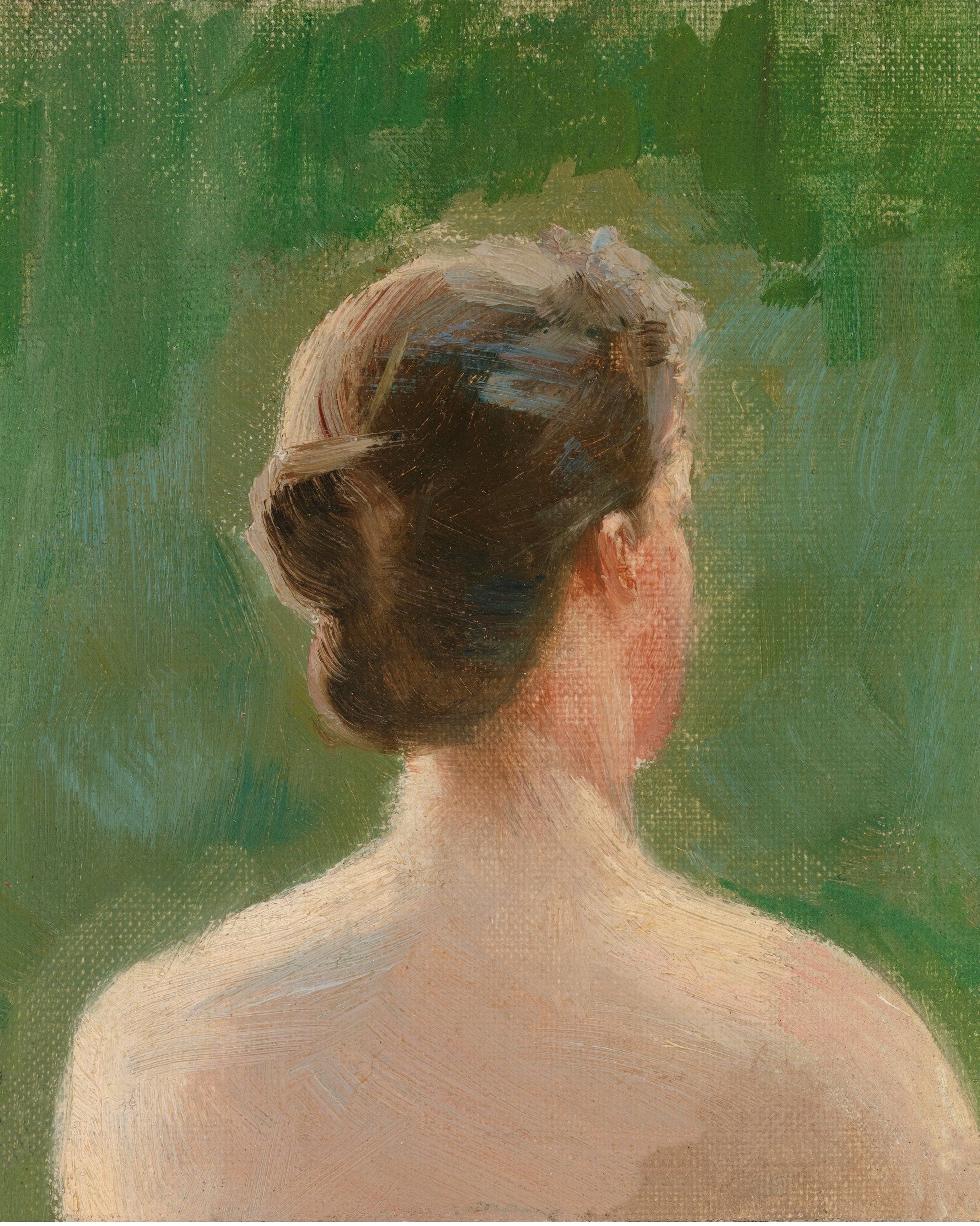 Painting of a woman's back and head with green background.