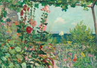 Painting of a garden with flowers, sea, and a sailboat.