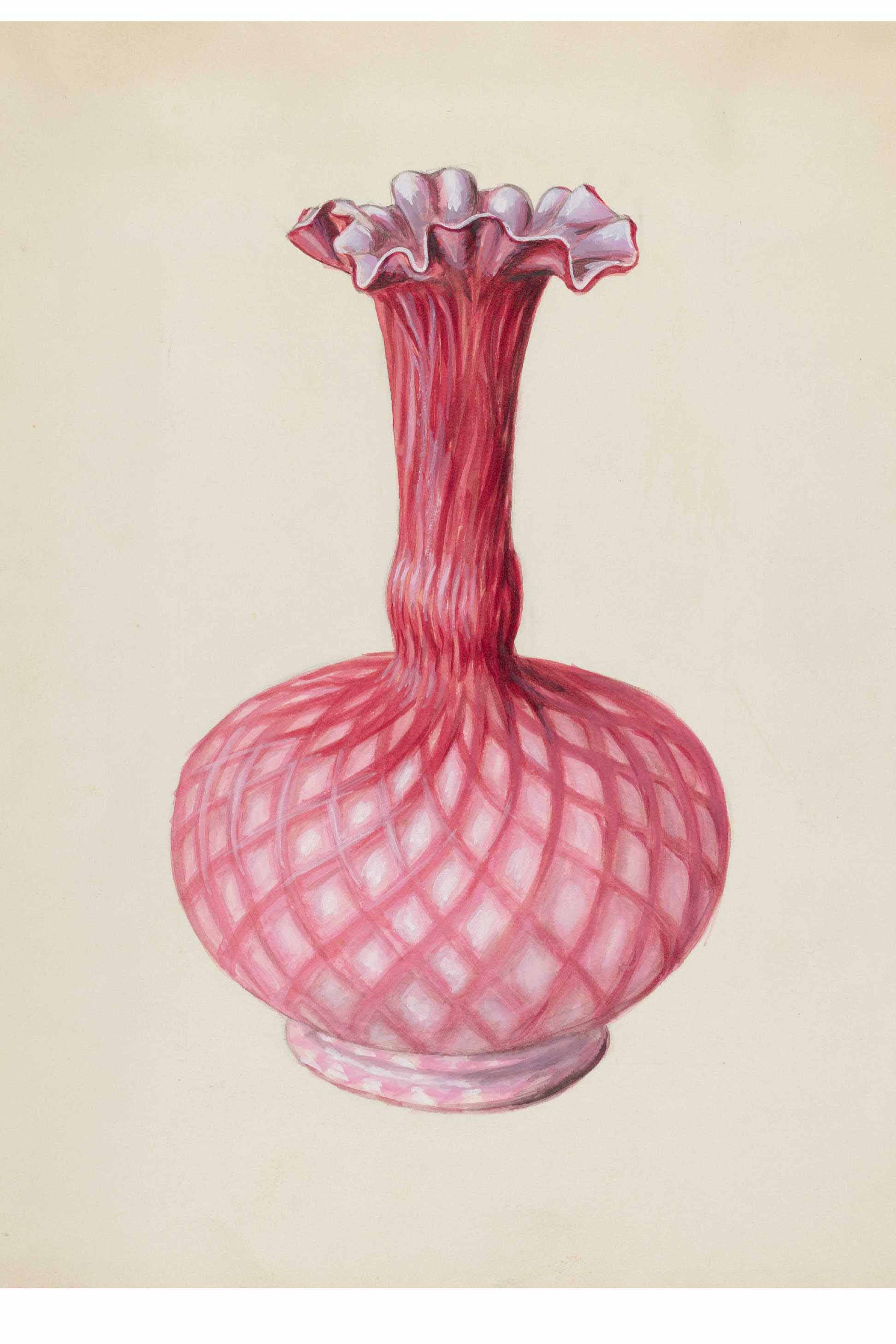 Pink glass vase with ruffled top.
