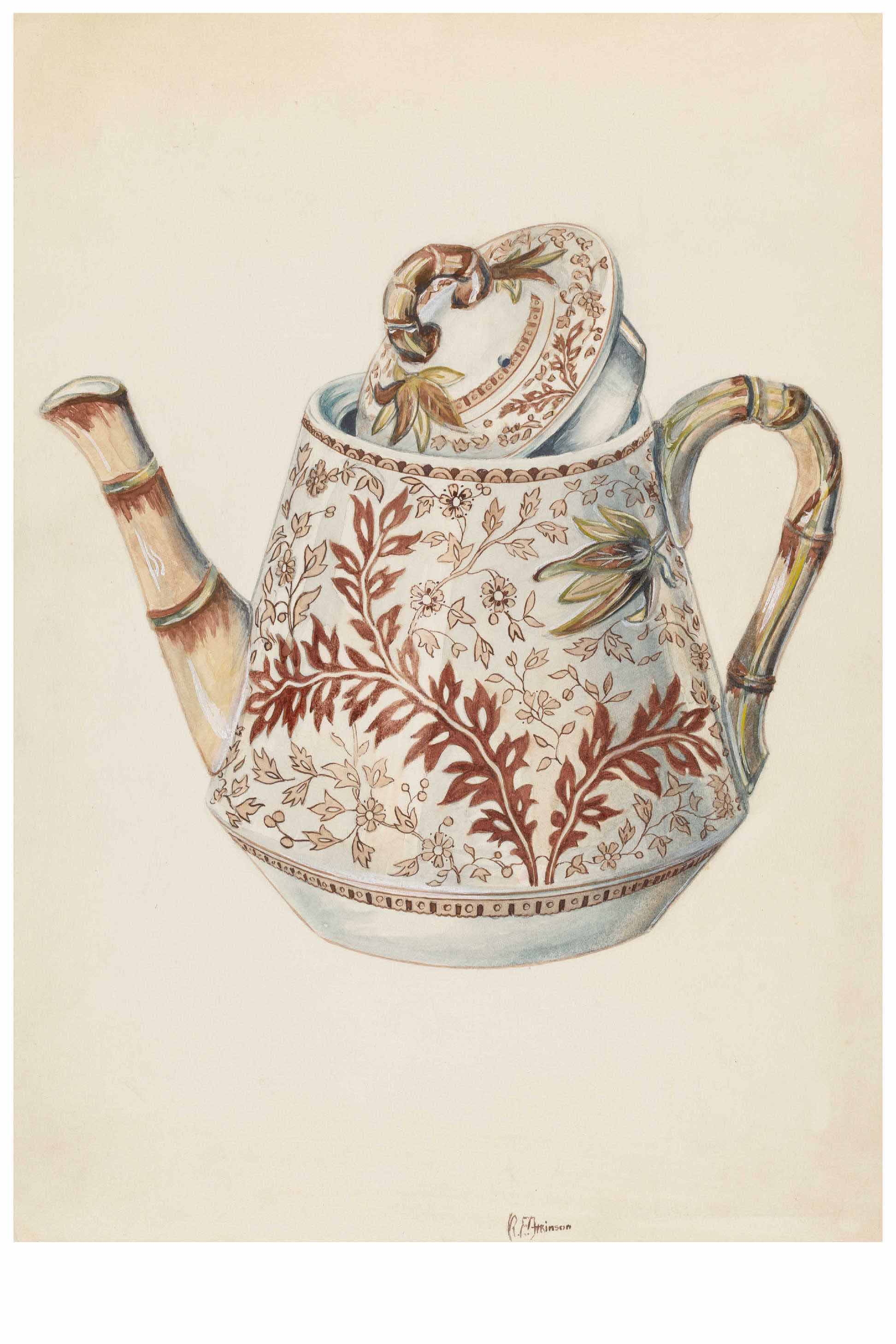 Watercolor painting of a teapot with floral pattern.