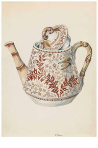 Watercolor painting of a teapot with floral pattern.