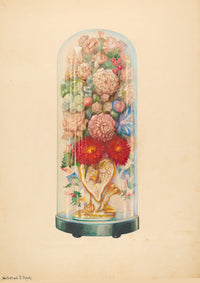 Flowers in a glass dome on a decorative base.