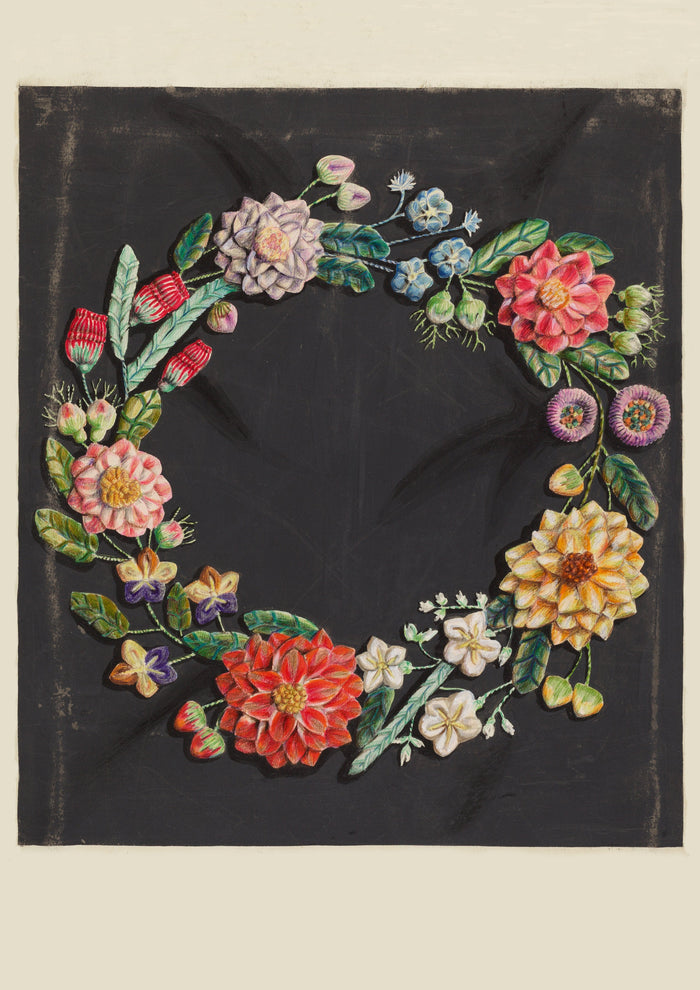 Crewel work floral wreath c. 1936 by Robert Stewart