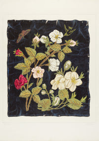 Flowers and leaves on a dark blue background.