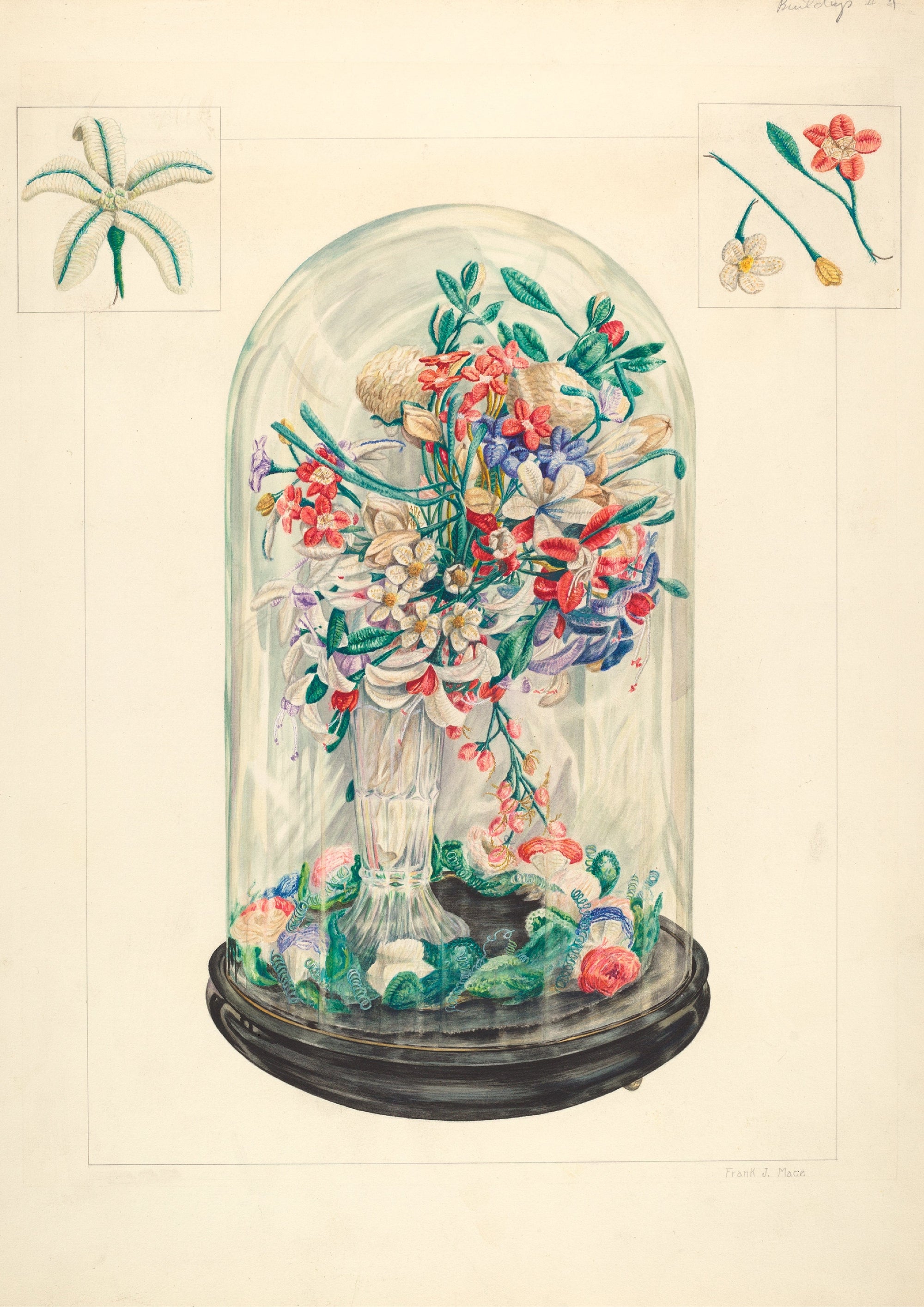 Watercolor painting of flowers in a glass dome.
