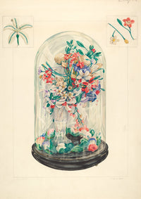 Watercolor painting of flowers in a glass dome.