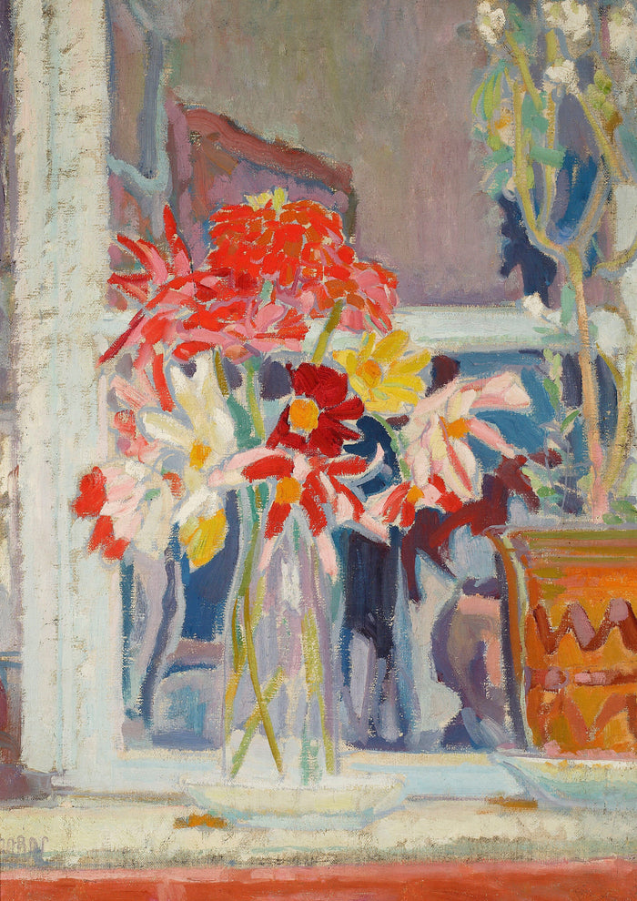 Flowers in a vase by a window.