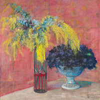 Painting of flowers in vases on a table.