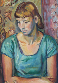 Painting of a woman with short hair, wearing a blue shirt, looking down.