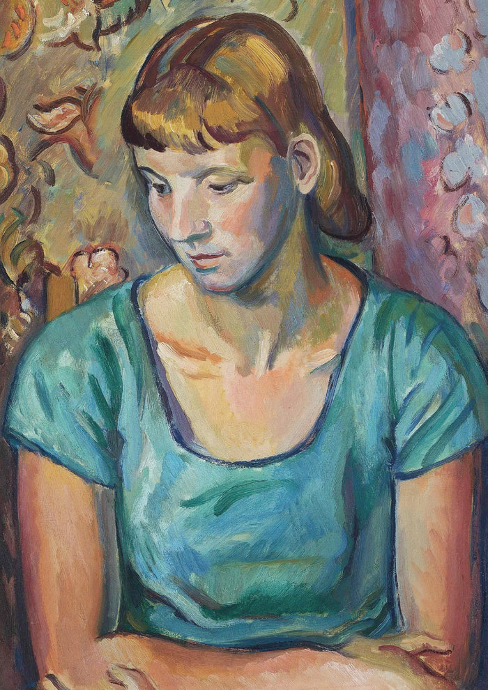 Painting of a woman with short hair, wearing a blue shirt, looking down.