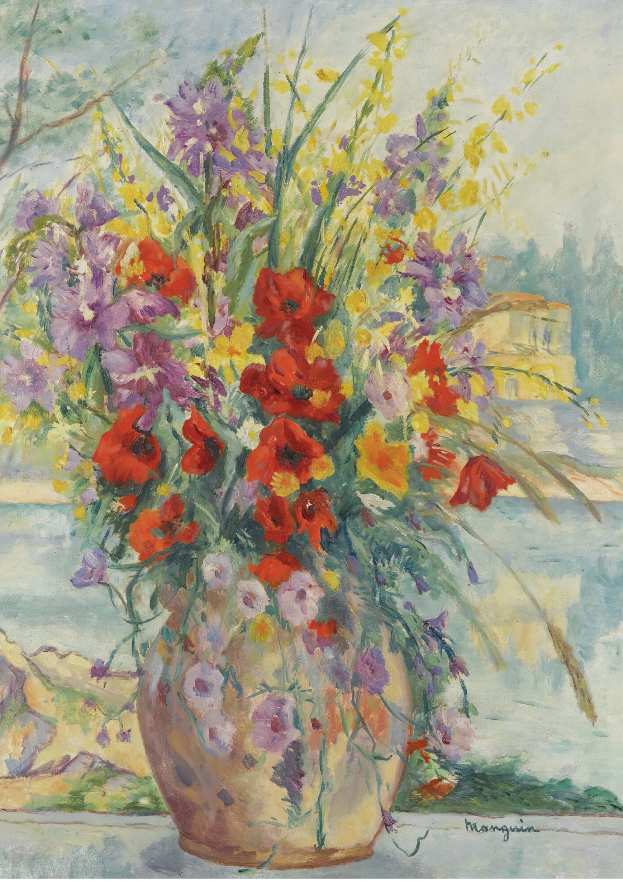 Vase of colorful flowers with a blurred background.