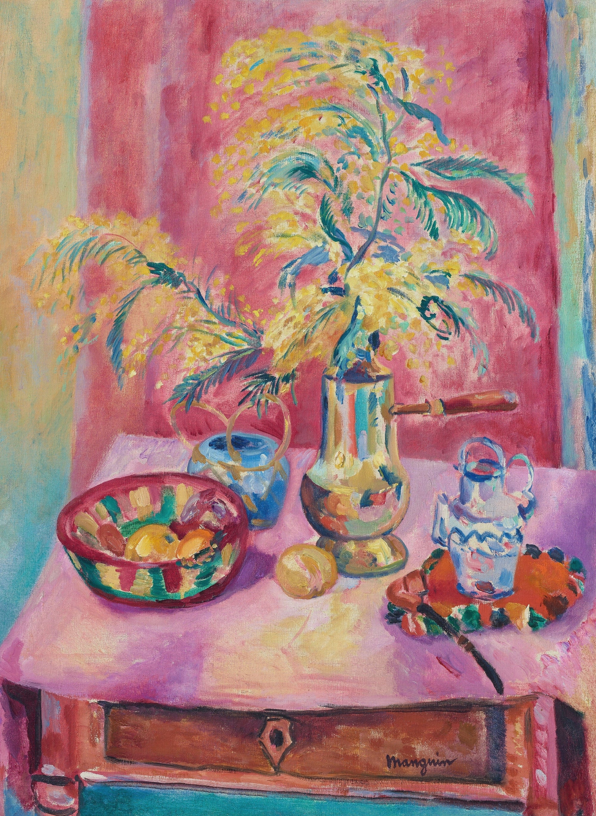 Still life painting of flowers and fruit on a table.