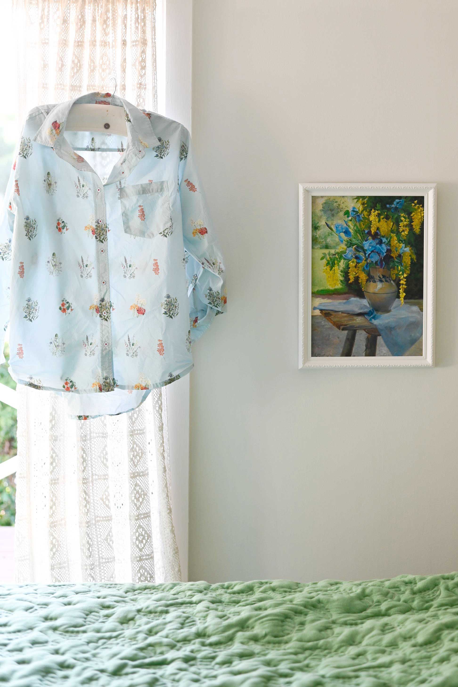 Floral shirt with art print of a wildflower bouquet.