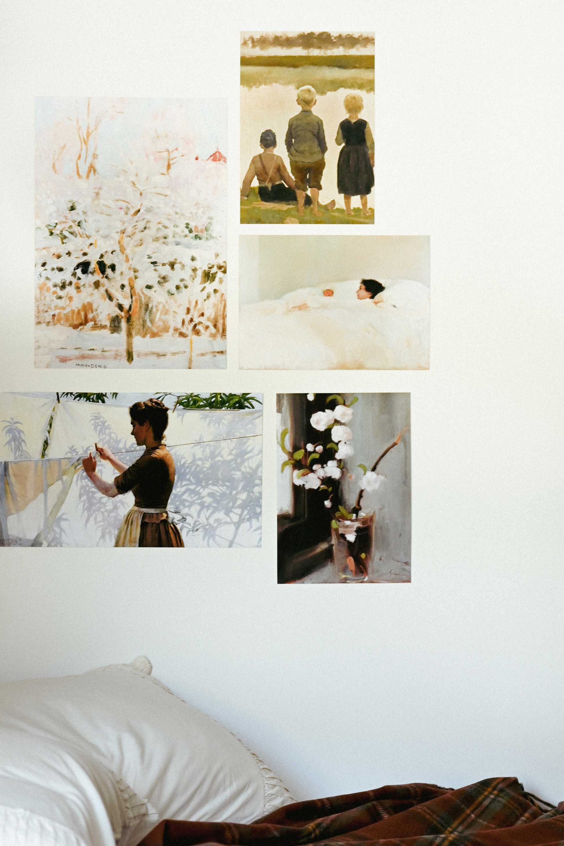 Apple Blossom Art Print Set with vintage art on wall