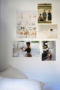 Apple blossom art print set on natural quilt wall