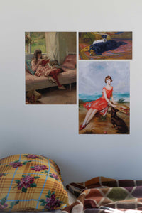 Art print of two friends with dogs and blanket.