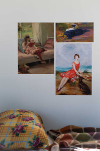 Art print of two friends with dogs and blanket.
