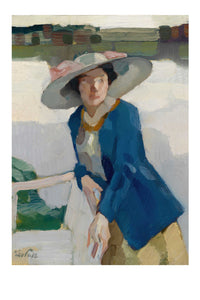 Woman in hat and blue jacket painting