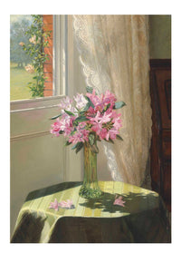 Art print of rhododendrons in vase on table