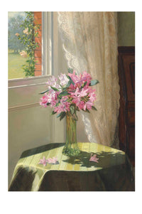 Art print of rhododendrons in vase on table