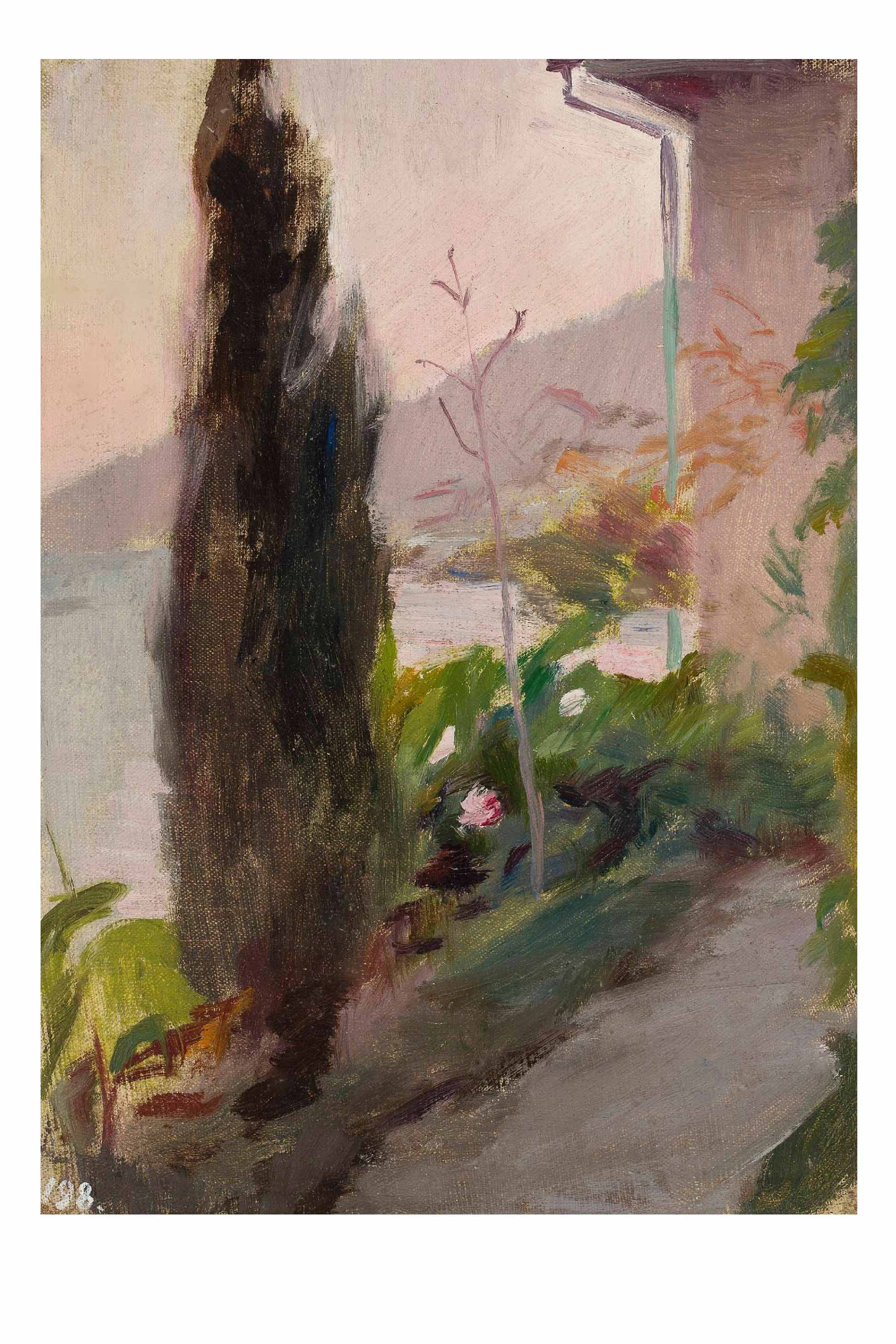 Art print of a garden with cypress tree and lake view.