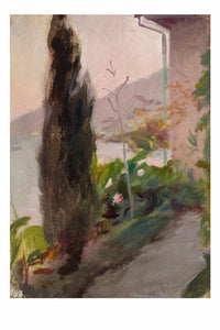 Art print of a garden with cypress tree and lake view.