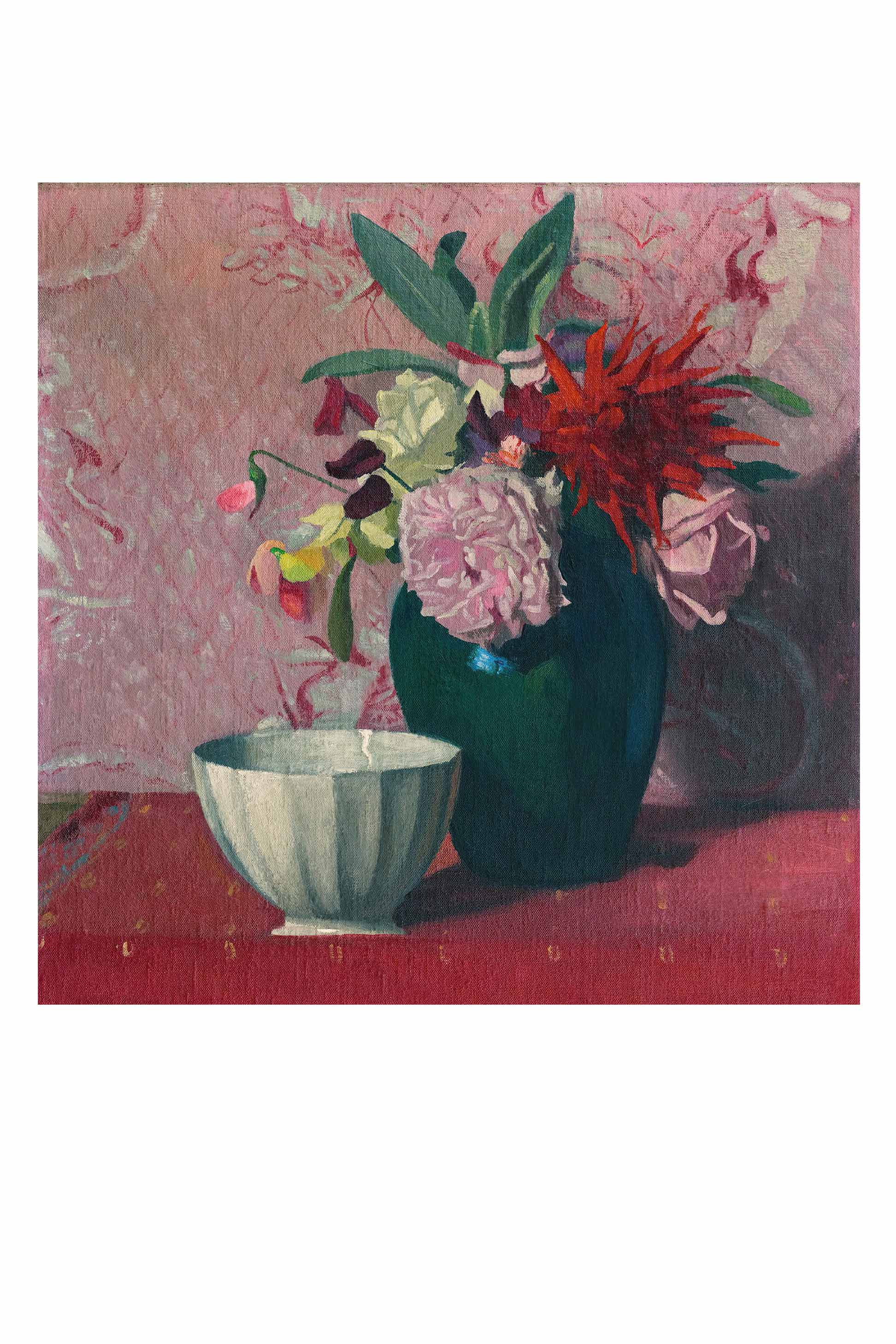 Art print of flowers in green vase and bowl