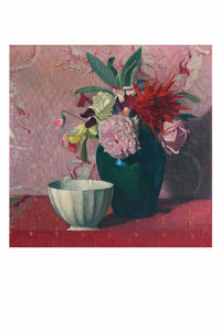 Art print of flowers in green vase and bowl