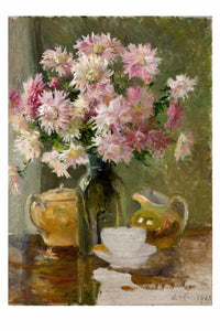 Art print of pink chrysanthemums in a vase with teacups.
