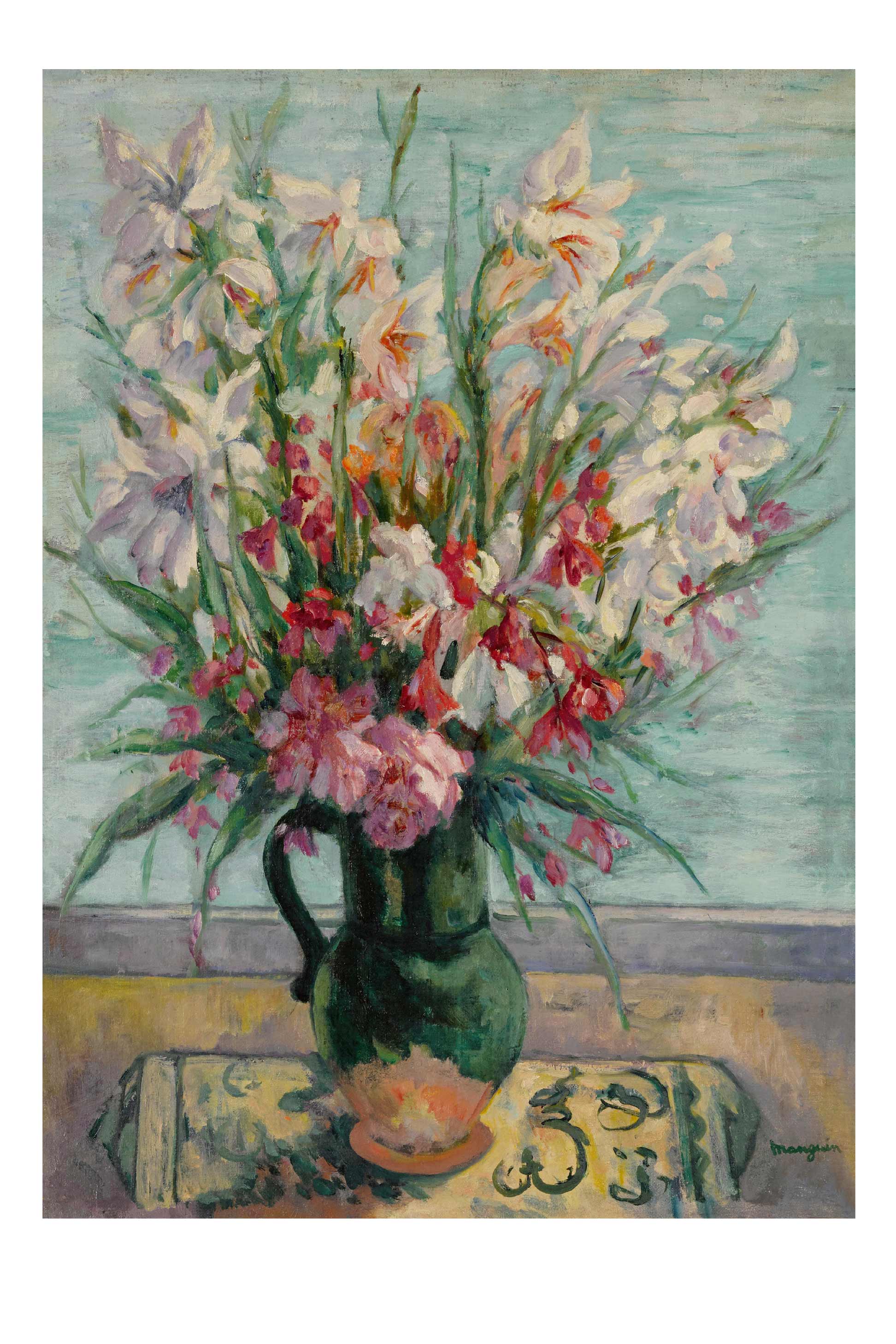 Lauriers Roses floral bouquet in green vase
