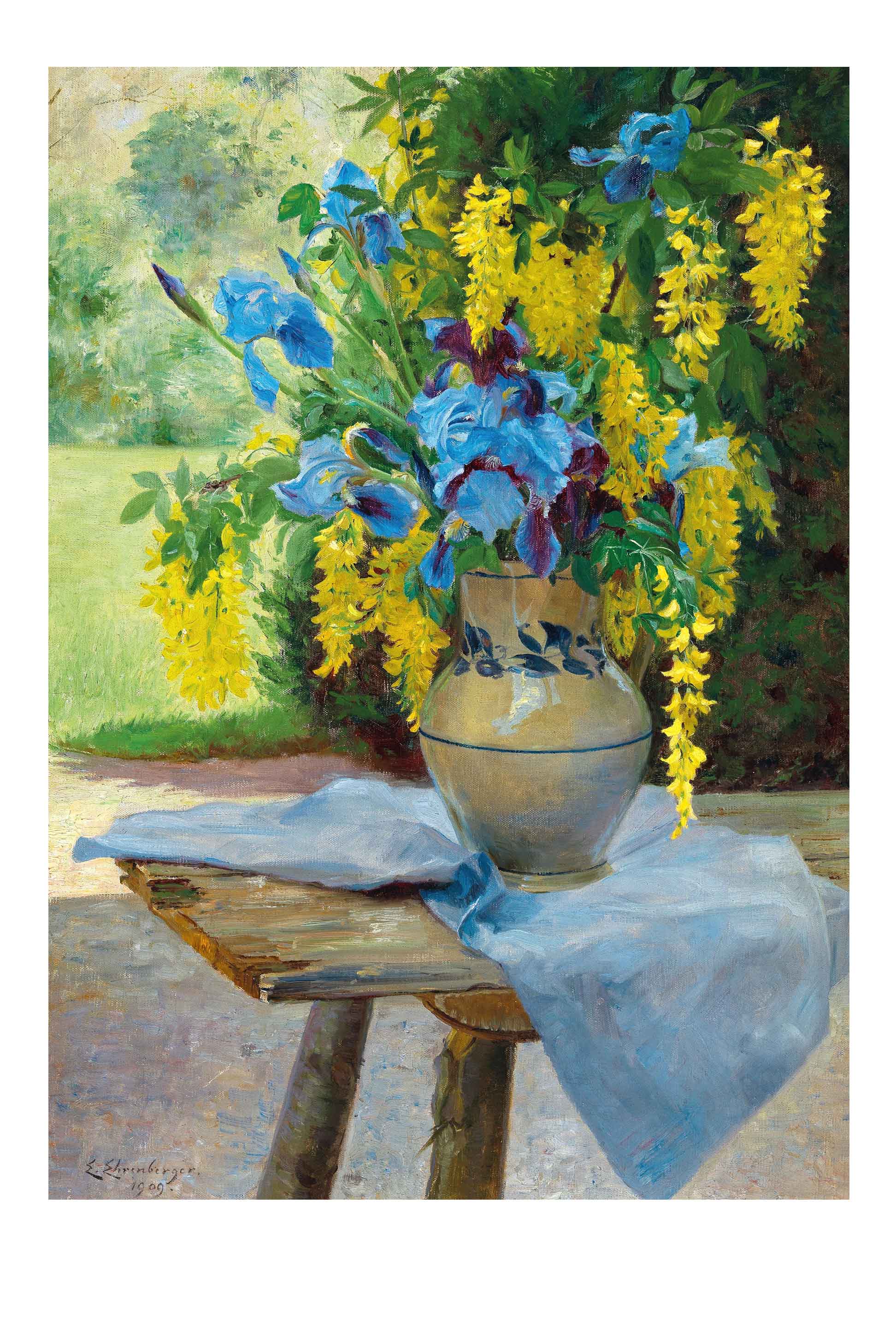 Floral bouquet of irises and wisteria