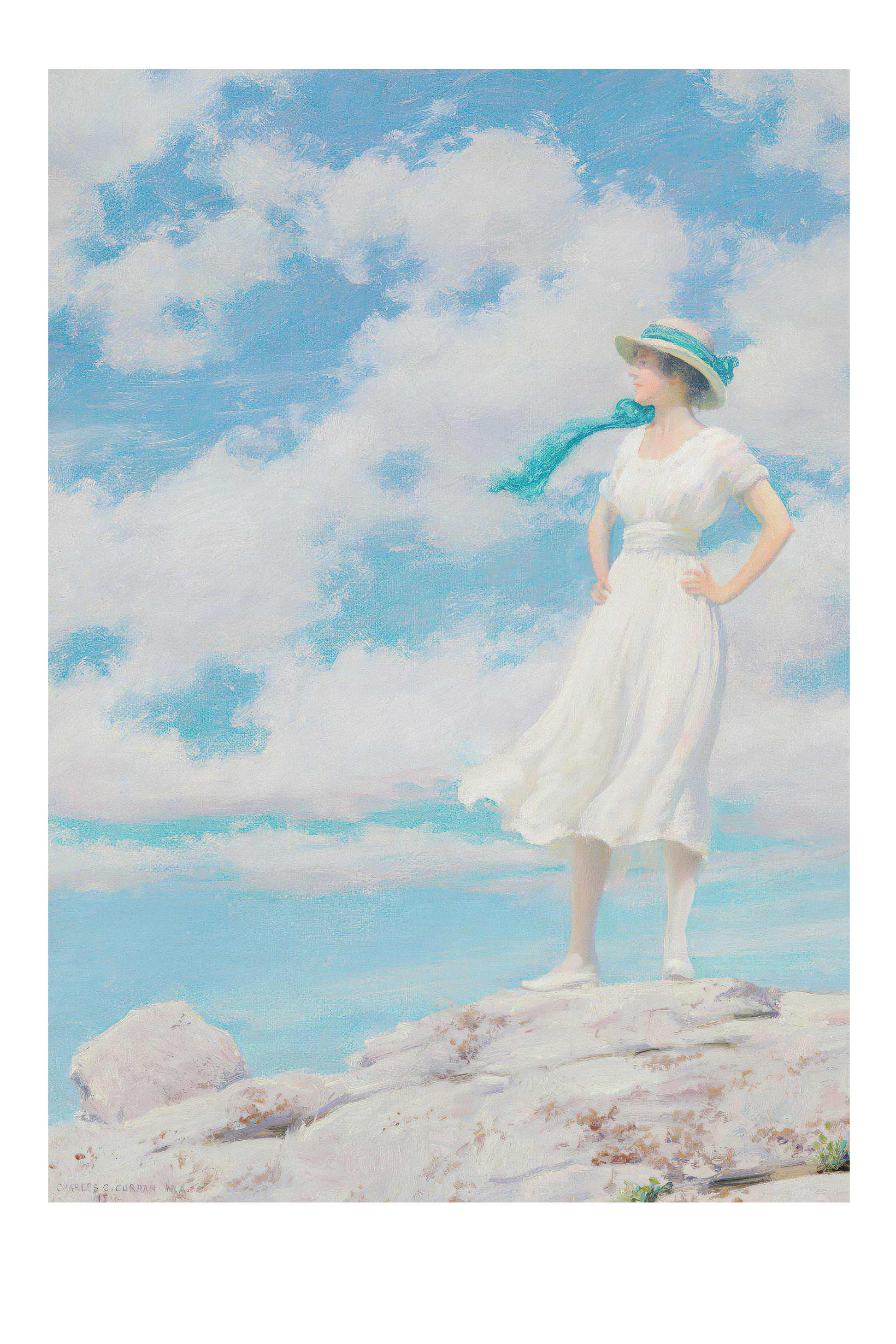 Woman in white dress, SummySky, overlooking a cloudy sky