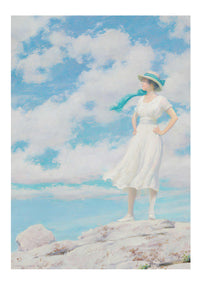 Woman in white dress, SummySky, overlooking a cloudy sky