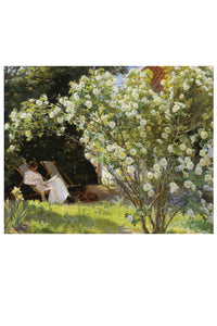 Art print of a woman relaxing near white roses.