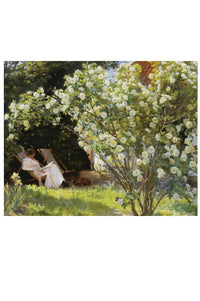 Art print of a woman relaxing near white roses.