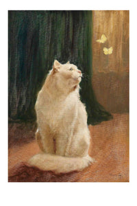 Art print of a white cat watching butterflies